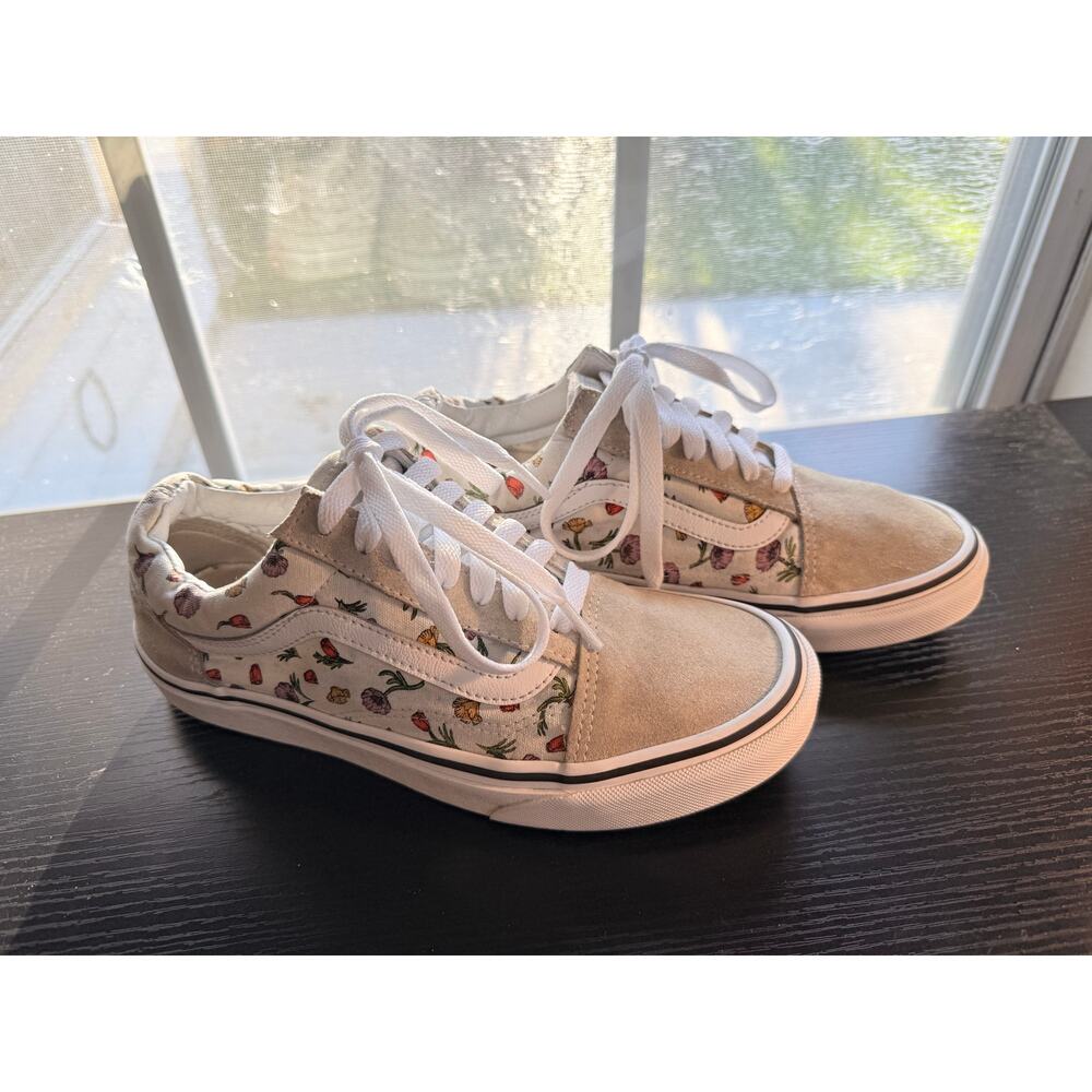 Vans Old Skool Floral Sneakers Womens Size 7 White Canvas Suede Lace Up Shoes